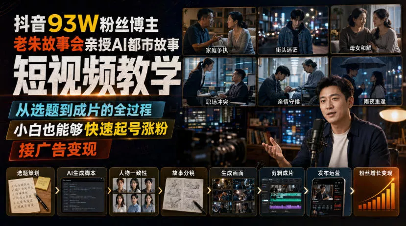抖音93W粉丝博主老朱故事会亲授AI都市故事短视频教学,从选题到成片的全过程,小白也能够快速起号涨粉接广告变现 抖音93W粉丝博主老朱故事会亲授AI都市故事短视频教学,从选题到成片的全过程,小白也能够快速起号涨粉接广告变现