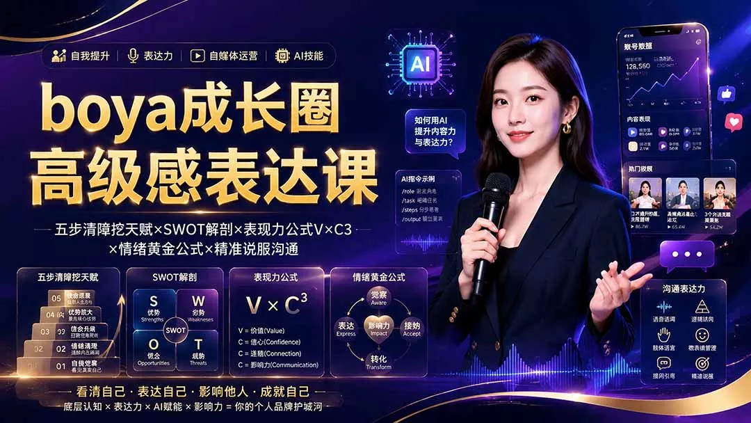 boya成长圈｜内心成长高级表达AI自媒体三合一，消解内耗挖掘天赋，镜头沟通AI指令短视频全流程教学网创项目-知识付费-在线课程-自媒体创业-网络副业-优利资源优利资源网