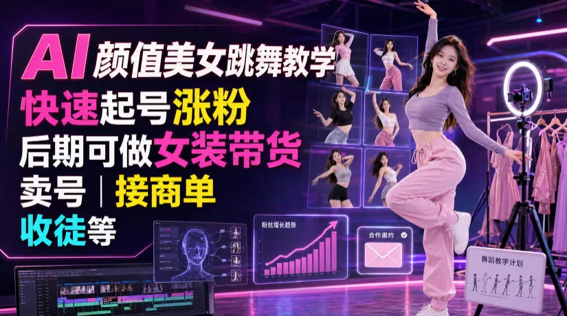 AI颜值美女跳舞教学，快速起号涨粉，后期可做女装带货，卖号，接商单，收徒等网创项目-知识付费-在线课程-自媒体创业-网络副业-优利资源优利资源网