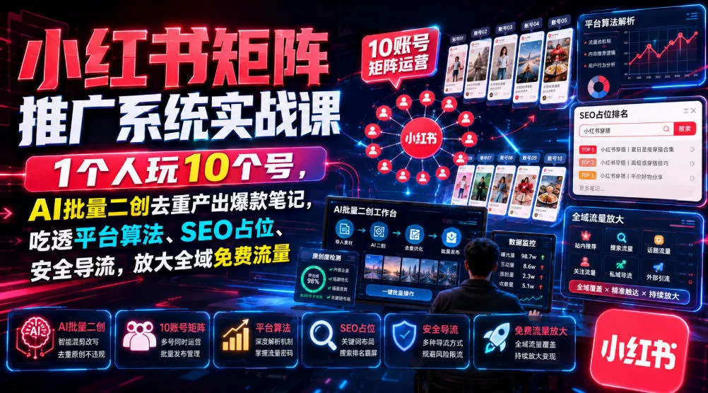 小红书矩阵推广系统实战课｜1个人玩10个号，AI批量二创去重产出爆款笔记，吃透平台算法、SEO占位、安全导流，放大全域免费流量网创项目-知识付费-在线课程-自媒体创业-网络副业-优利资源优利资源网