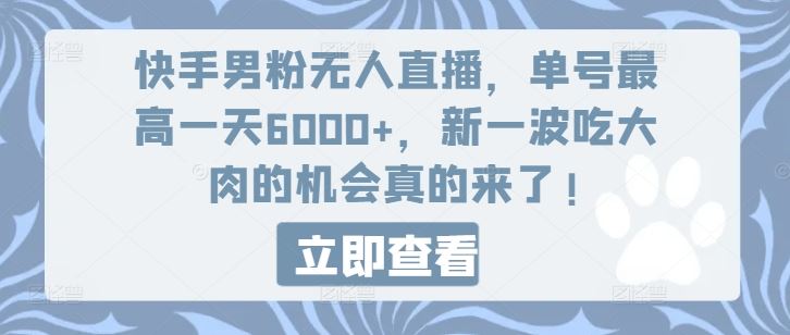 快手男粉无人直播，单号最高一天6000+，新一波吃大肉的机会真的来了网创项目-知识付费-在线课程-自媒体创业-网络副业-优利资源优利资源网