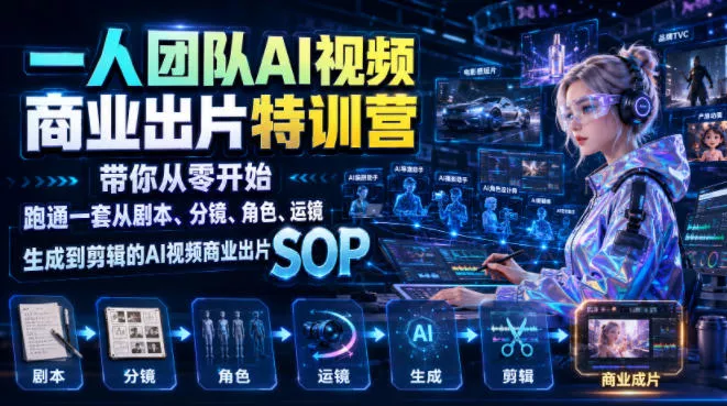 一人团队AI视频商业出片实战课：带你从零开始跑通一套从剧本、分镜、角色、运镜、生成到剪辑的AI视频商业出片SOP网创项目-知识付费-在线课程-自媒体创业-网络副业-优利资源优利资源网