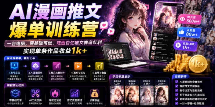 AI漫画推文爆单训练营，一台电脑，零基础可做，吃透百亿推文赛道红利，实现单条作品收益1k+网创项目-知识付费-在线课程-自媒体创业-网络副业-优利资源优利资源网