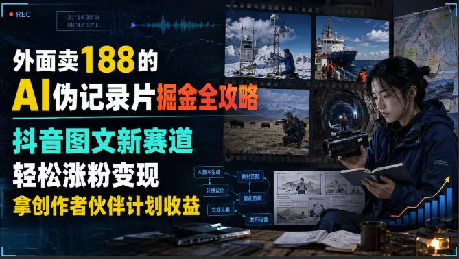 外面卖188的AI伪记录片掘金全攻略，抖音图文新赛道，轻松涨粉变现，拿创作者伙伴计划收益【文档】网创项目-知识付费-在线课程-自媒体创业-网络副业-优利资源优利资源网