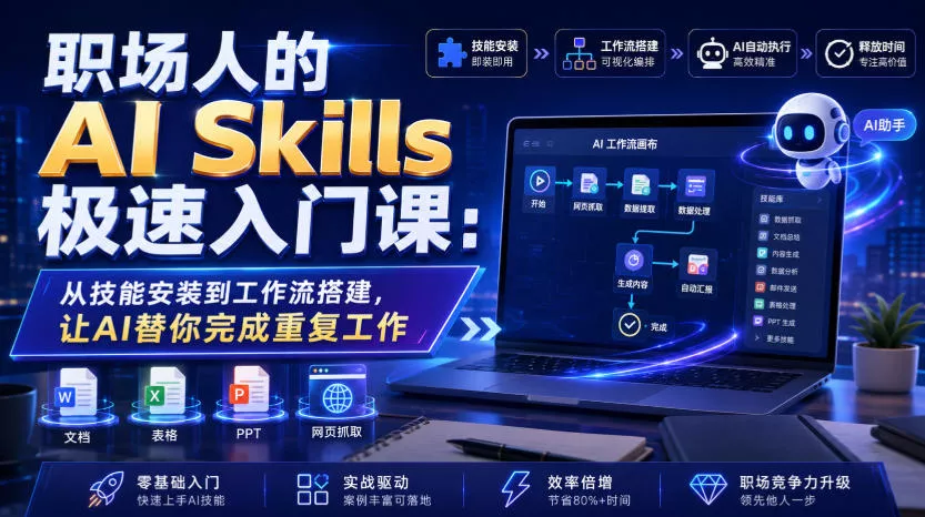职场人的AI Skills极速入门课：从技能安装到工作流搭建，让AI替你完成重复工作网创项目-知识付费-在线课程-自媒体创业-网络副业-优利资源优利资源网