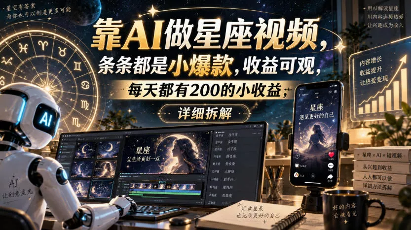 靠AI做星座视频，条条都是小爆款，收益可观，每天都有200的小收益，详细拆解网创项目-知识付费-在线课程-自媒体创业-网络副业-优利资源优利资源网