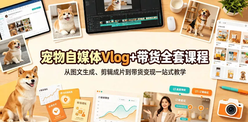 宠物自媒体Vlog+带货全套课程｜从图文生成、剪辑成片到带货变现一站式教学网创项目-知识付费-在线课程-自媒体创业-网络副业-优利资源优利资源网