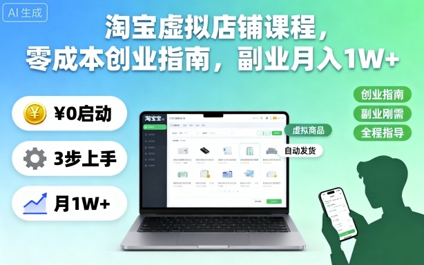 淘宝虚拟店铺课程，零成本创业指南，副业月入1W+网创项目-知识付费-在线课程-自媒体创业-网络副业-优利资源优利资源网