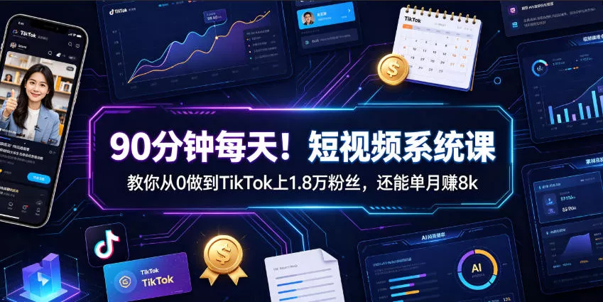 90分钟每天！短视频系统课教你从0做到TikTok上1.8万粉丝，还能单月賺8k【原创双语字幕】网创项目-知识付费-在线课程-自媒体创业-网络副业-优利资源优利资源网