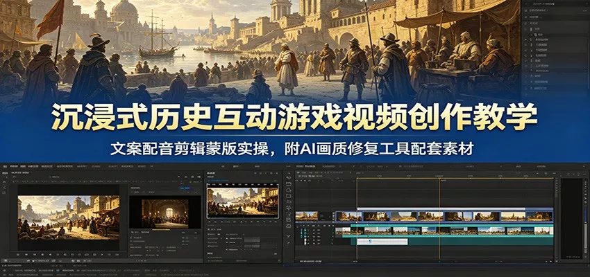 沉浸式历史互动游戏视频创作教学：文案配音剪辑蒙版实操，附AI画质修复工具配套素材网创项目-知识付费-在线课程-自媒体创业-网络副业-优利资源优利资源网