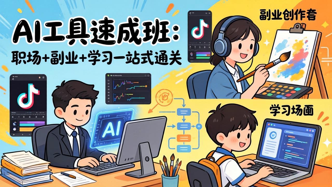 AI工具速成班：职场+副业+学习一站式通关，20+爆款类型+剪映技巧+抖音算法，0基础快速上手网创项目-知识付费-在线课程-自媒体创业-网络副业-优利资源优利资源网