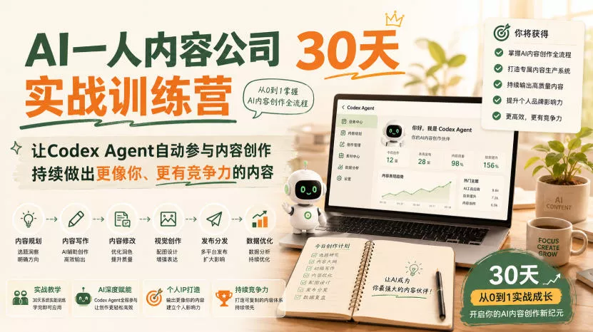 AI一人内容公司30天实战训练营，让Codex Agent自动参与内容创作持续做出更像你、更有竞争力的内容网创项目-知识付费-在线课程-自媒体创业-网络副业-优利资源优利资源网