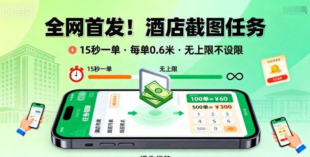 全网首发！酒店截图任务，15秒一单，每单0.6米，任务无上限不设限，矩阵操作单日3张到手【揭秘】网创项目-知识付费-在线课程-自媒体创业-网络副业-优利资源优利资源网