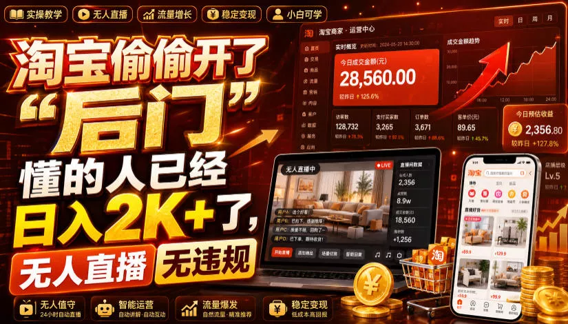 淘宝偷偷开了“后门”，懂的人已经日入2K+了，无人直播无违规，一台电脑=一家24小时营业的线上门店【揭秘】网创项目-知识付费-在线课程-自媒体创业-网络副业-优利资源优利资源网