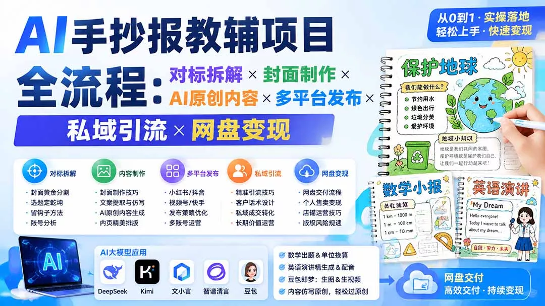AI手抄报教辅项目全流程：对标拆解×封面制作×AI原创内容×多平台发布×私域引流×网盘变现网创项目-知识付费-在线课程-自媒体创业-网络副业-优利资源优利资源网