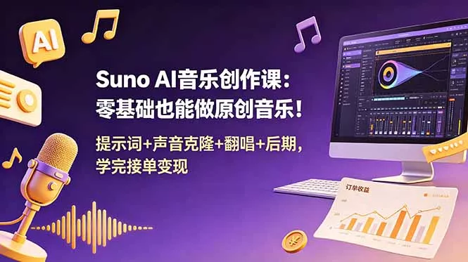 Suno AI音乐创作课：零基础也能做原创音乐！提示词+声音克隆+翻唱+后期，学完接单变现网创项目-知识付费-在线课程-自媒体创业-网络副业-优利资源优利资源网