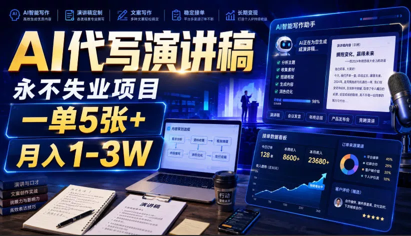 AI代写演讲稿，永不失业项目，一单5张+，月入1-3W【揭秘】网创项目-知识付费-在线课程-自媒体创业-网络副业-优利资源优利资源网