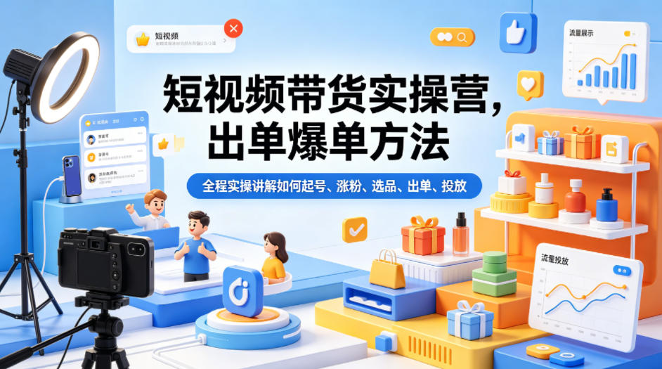 短视频带货实操营，出单爆单方法，全程实操讲解如何起号、涨粉、选品、出单、投放网创项目-知识付费-在线课程-自媒体创业-网络副业-优利资源优利资源网