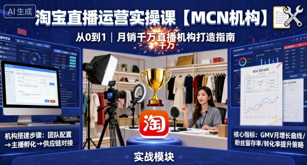 淘宝直播运营实操课【MCN机构】，从0到1做一家月销千W的直播机构网创项目-知识付费-在线课程-自媒体创业-网络副业-优利资源优利资源网