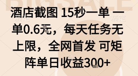 酒店截图15秒一单，一单0.6米，每天任务无上限，全网首发可矩阵单日收益3张【揭秘】网创项目-知识付费-在线课程-自媒体创业-网络副业-优利资源优利资源网