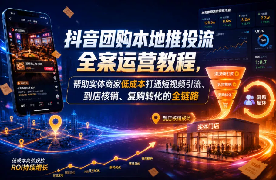 抖音团购本地推投流全案运营教程，帮助实体商家低成本打通短视频引流、到店核销、复购转化的全链路网创项目-知识付费-在线课程-自媒体创业-网络副业-优利资源优利资源网