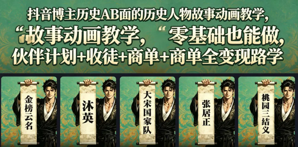 抖音博主历史AB面的历史人物故事动画教学，零基础也能做，伙伴计划+收徒+商单全变现路径教学网创项目-知识付费-在线课程-自媒体创业-网络副业-优利资源优利资源网
