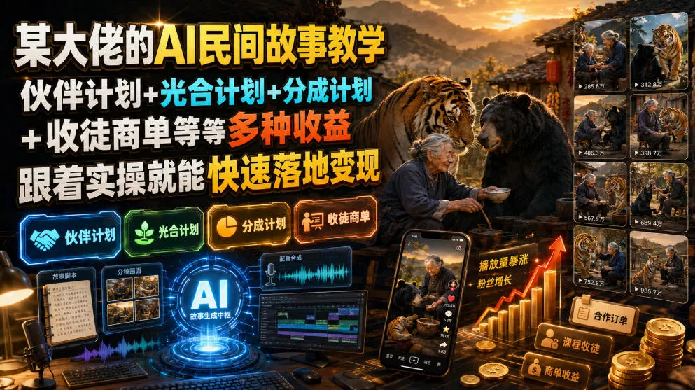 某大佬的AI民间故事教学，伙伴计划+光合计划+分成计划+收徒商单等多种收益，跟着实操就能快速落地变现网创项目-知识付费-在线课程-自媒体创业-网络副业-优利资源优利资源网