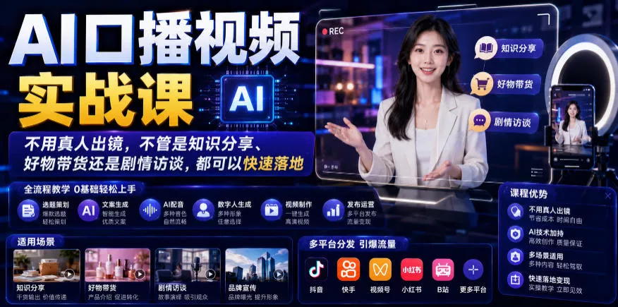 AI口播视频实战课，不用真人出镜，不管是知识分享、好物带货还是剧情访谈，都可以快速落地网创项目-知识付费-在线课程-自媒体创业-网络副业-优利资源优利资源网