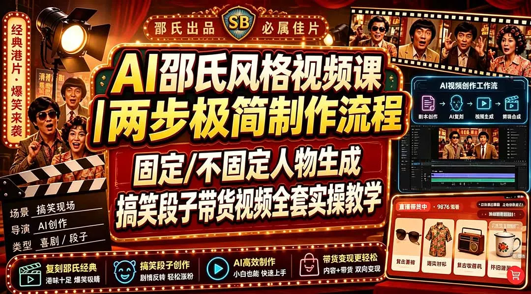 AI邵氏风格视频课｜两步极简制作流程，固定/不固定人物生成，搞笑段子带货视频全套实操教学网创项目-知识付费-在线课程-自媒体创业-网络副业-优利资源优利资源网