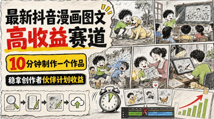 最新抖音漫画图文高收益赛道，10分钟制作一个作品，稳拿创作者伙伴计划收益网创项目-知识付费-在线课程-自媒体创业-网络副业-优利资源优利资源网