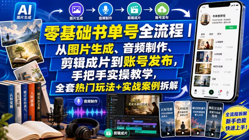零基础书单号全流程｜从图片生成、音频制作、剪辑成片到账号发布，手把手实操教学，全套热门玩法+实战案例拆解网创项目-知识付费-在线课程-自媒体创业-网络副业-优利资源优利资源网