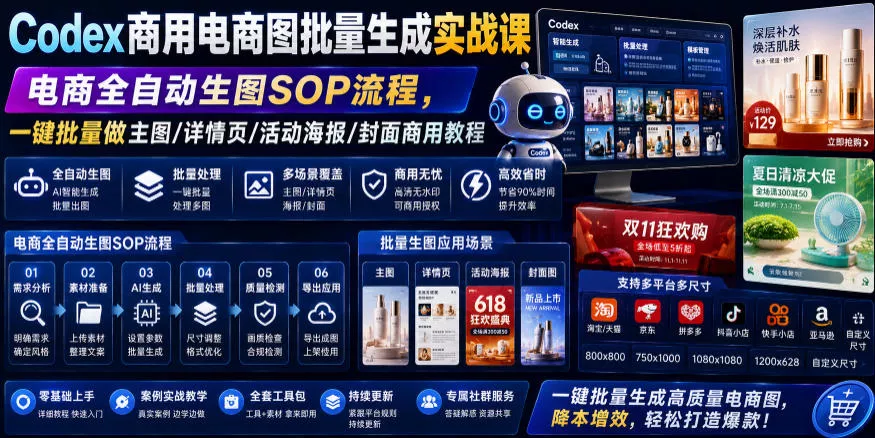 Codex商用电商图批量生成实战课｜电商全自动生图SOP流程，一键批量做主图/详情页/活动海报/封面商用教程网创项目-知识付费-在线课程-自媒体创业-网络副业-优利资源优利资源网