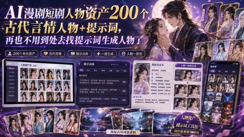 AI漫剧短剧人物资产200个古代言情人物+提示词,再也不用到处去找提示词生成人物了 AI漫剧短剧人物资产200个古代言情人物+提示词,再也不用到处去找提示词生成人物了