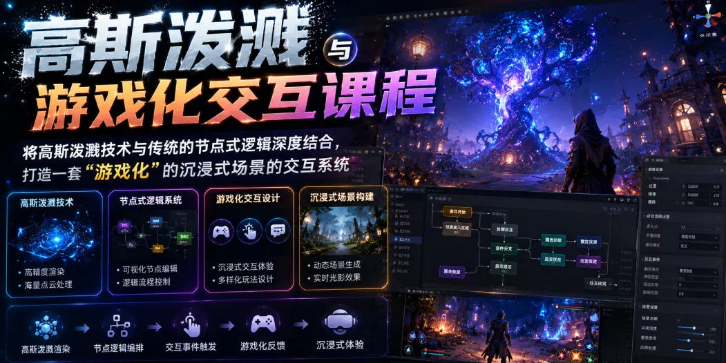 高斯泼溅与游戏化交互课程，将高斯泼溅技术与传统的节点式逻辑深度结合，打造一套“游戏化”的沉浸式场景的交互系统网创项目-知识付费-在线课程-自媒体创业-网络副业-优利资源优利资源网