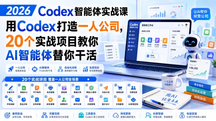 2026 Codex智能体实战课，用Codex打造一人公司，20个实战项目教你AI智能体替你干活网创项目-知识付费-在线课程-自媒体创业-网络副业-优利资源优利资源网