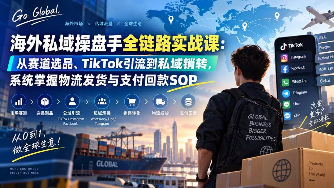 海外私域操盘手全链路实战课：从赛道选品、TikTok引流到私域销转，系统掌握物流发货与支付回款SOP网创项目-知识付费-在线课程-自媒体创业-网络副业-优利资源优利资源网