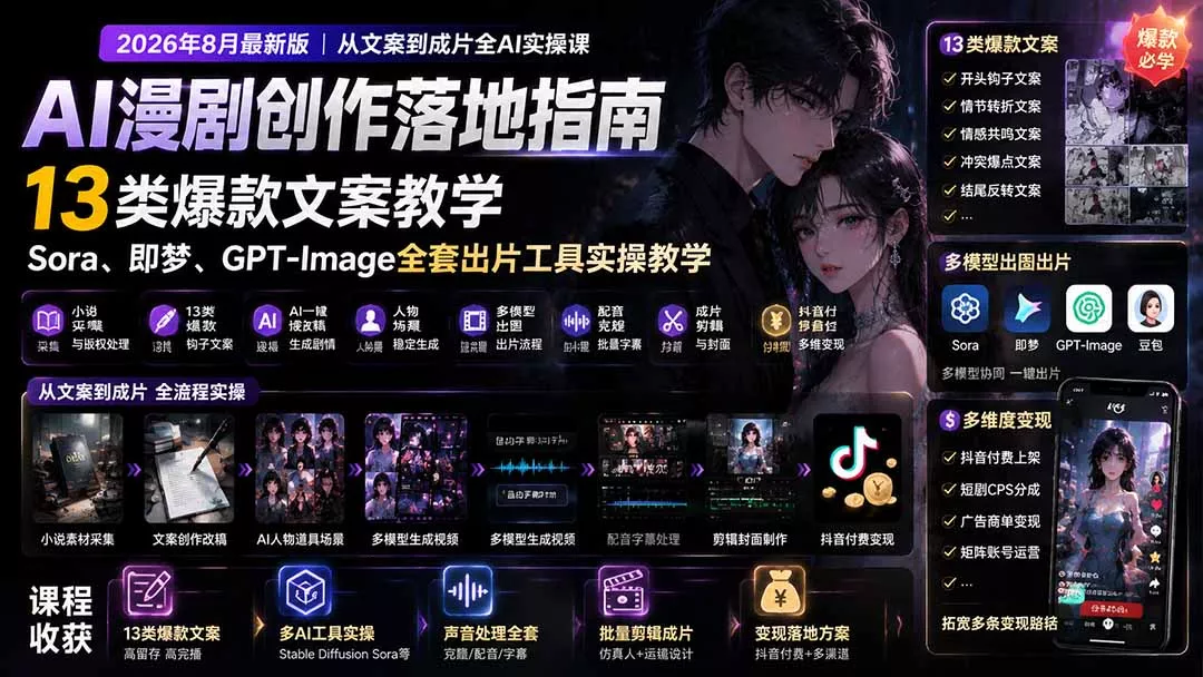 AI漫剧创作落地指南｜13类爆款文案教学，Sora、即梦、GPT-Image全套出片工具实操教学网创项目-知识付费-在线课程-自媒体创业-网络副业-优利资源优利资源网
