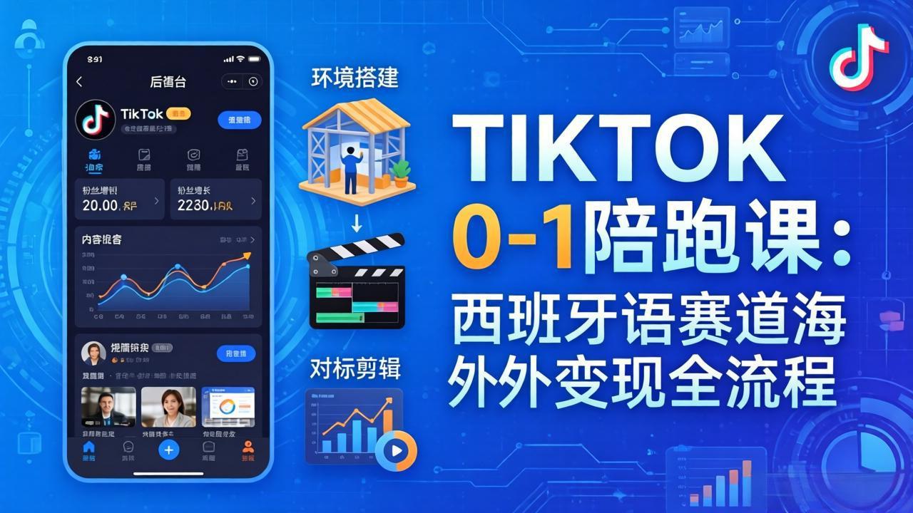 TIKTOK 0-1 陪跑课：从环境搭建到刷对标剪辑，西班牙语赛道海外变现全流程网创项目-知识付费-在线课程-自媒体创业-网络副业-优利资源优利资源网