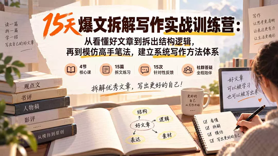 15天爆文拆解写作实战训练营：从看懂好文章到拆出结构逻辑，再到模仿高手笔法，建立系统写作方法体系网创项目-知识付费-在线课程-自媒体创业-网络副业-优利资源优利资源网