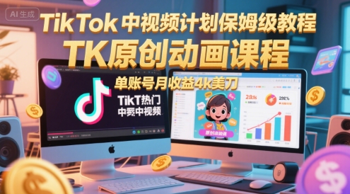 TikTok中视频计划保姆级教程，TK原创动画课程，单账号月收益4k美刀网创项目-知识付费-在线课程-自媒体创业-网络副业-优利资源优利资源网