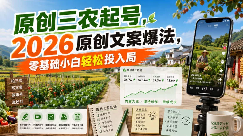 原创三农起号，2026原创文案爆法，零基础小白轻松投入局网创项目-知识付费-在线课程-自媒体创业-网络副业-优利资源优利资源网