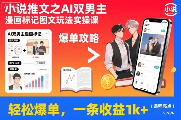 小说推文之AI双男主漫画标记图文玩法实操课，轻松爆单，一条收益1k+网创项目-知识付费-在线课程-自媒体创业-网络副业-优利资源优利资源网