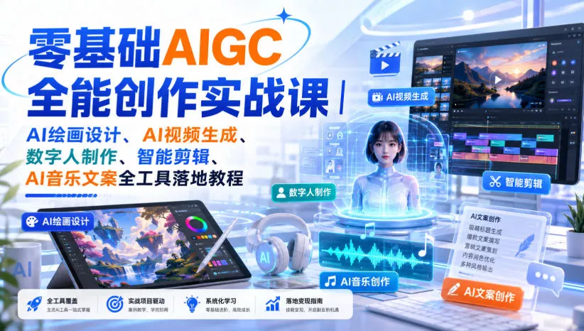 零基础AIGC全能创作实战课｜AI绘画设计、AI视频生成、数字人制作、智能剪辑、AI音乐文案全工具落地教程网创项目-知识付费-在线课程-自媒体创业-网络副业-优利资源优利资源网