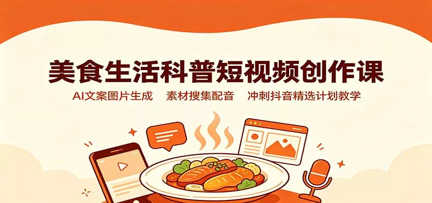 美食生活科普短视频创作课：AI文案图片生成，素材搜集配音，冲刺抖音精选计划教学网创项目-知识付费-在线课程-自媒体创业-网络副业-优利资源优利资源网