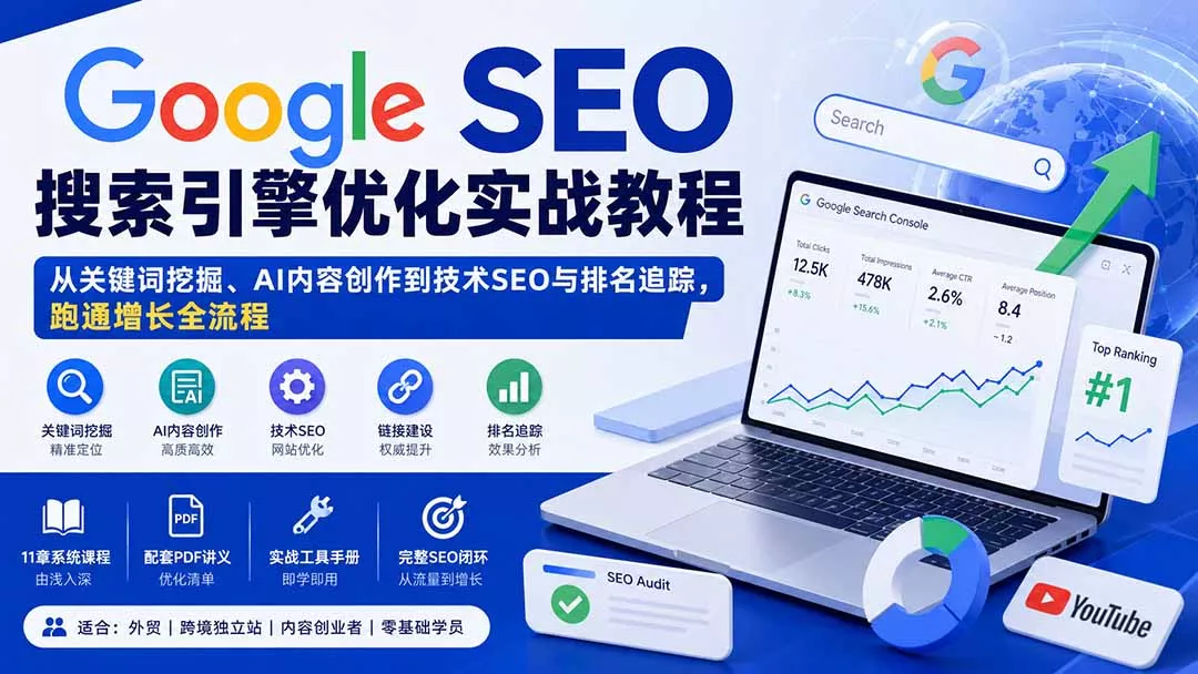 Google SEO搜索引擎优化实战教程：从关键词挖掘、AI内容创作到技术SEO与排名追踪，跑通增长全流程网创项目-知识付费-在线课程-自媒体创业-网络副业-优利资源优利资源网
