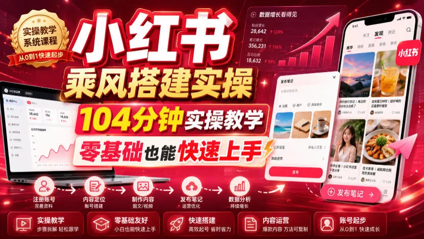 小红书乘风搭建实操，104分钟实操教学，零基础也能快速上手网创项目-知识付费-在线课程-自媒体创业-网络副业-优利资源优利资源网