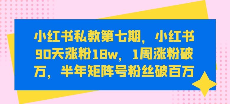 小红书私教第七期，小红书90天涨粉18w，1周涨粉破万，半年矩阵号粉丝破百万网创项目-知识付费-在线课程-自媒体创业-网络副业-优利资源优利资源网