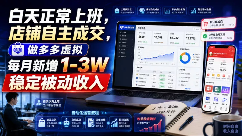 白天正常上班，店铺自主成交，做多多虚拟每月新增1-3W稳定被动收入【揭秘】网创项目-知识付费-在线课程-自媒体创业-网络副业-优利资源优利资源网