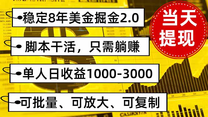 稳定8年美金掘金2.0脚本干活，只需躺赚。单人日收益1000-3000可批量、…网创项目-知识付费-在线课程-自媒体创业-网络副业-优利资源优利资源网