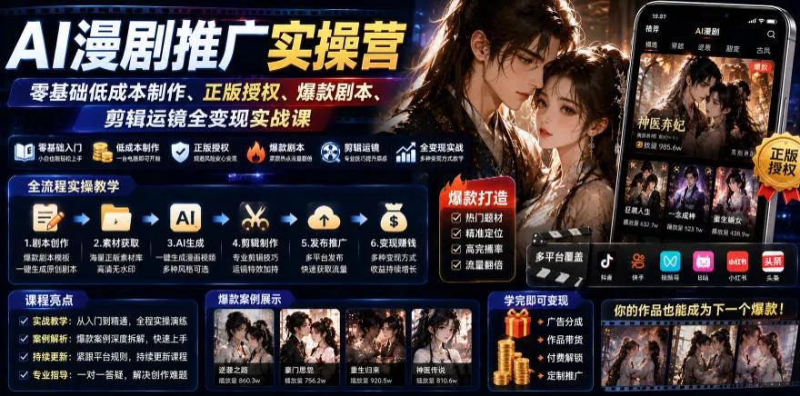 AI漫剧推广实操营｜零基础低成本制作、正版授权、爆款剧本、剪辑运镜全变现实战课网创项目-知识付费-在线课程-自媒体创业-网络副业-优利资源优利资源网